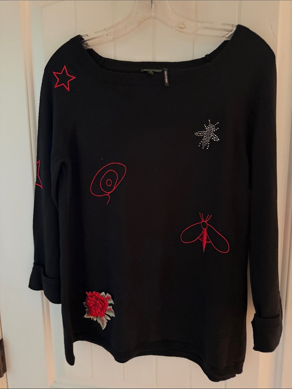 Tricotto Black Knit Top with Floral and Insect Embellishments